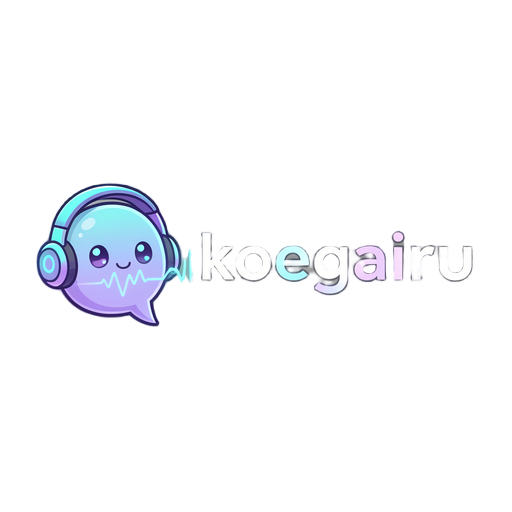 anime-inspired logo for “koegairu”, cute futuristic ai voice brand. create a rounded speech-bubble mascot with headphones and a glowing soundwave, next to a clean modern wordmark reading koegairu. cool kawaii tech style, blue cyan and pastel violet accent