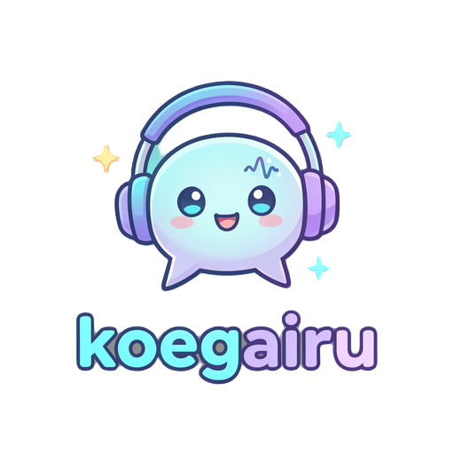 2d anime-style app logo icon for “koegairu”, a cute ai voice website. a small glowing speech-bubble mascot wearing headphones, with a subtle soundwave symbol and sparkle accents. cool kawaii tech aesthetic, clean vector logo, rounded shapes, cyan blue and