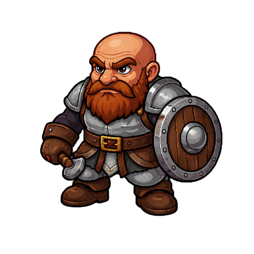 character description: a dwarven warrior seen in a slightly angled 3/4 perspective, designed for a classic mmorpg style similar to retro rpg sprite characters. the dwarf should have: a bald head a large thick beard one eye with a visible 