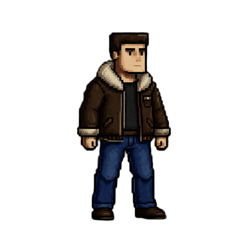 design a pixel game character based on the image in the reference picture. the character should wear a sheepskin pilot jacket, jeans, have a flat head, be low-pixel, and stand facing to the right with no weapons in hand. the background should be pure gree
