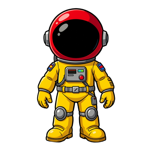 create a 2d arcade-style astronaut character called jetman.  character appearance:  • bright yellow retro space suit • large glossy red dome helmet with dark visor window • compact body proportions with slightly oversized helmet • thick padded space glove