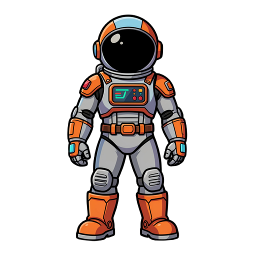 create a retro arcade astronaut character called jetman for a classic arcade-style sci-fi game.  character proportions:  • compact heroic body • slightly oversized round dome helmet • short torso with thick limbs • chunky boots and gloves for strong sprit