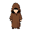 cartoon  a man wearing a hooded cloak down to his feet (brown), with his arms uncovered; only his eyes and face are visible in the shadows. bighead