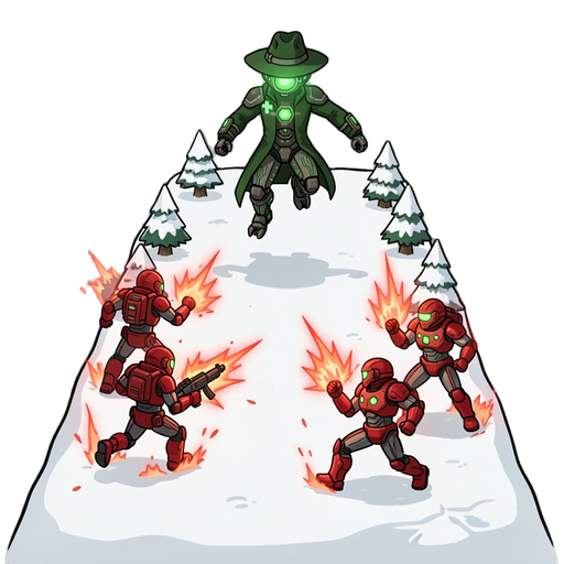 jumping off mountain and running across snowy field then fights off the red energy cyber soldiers