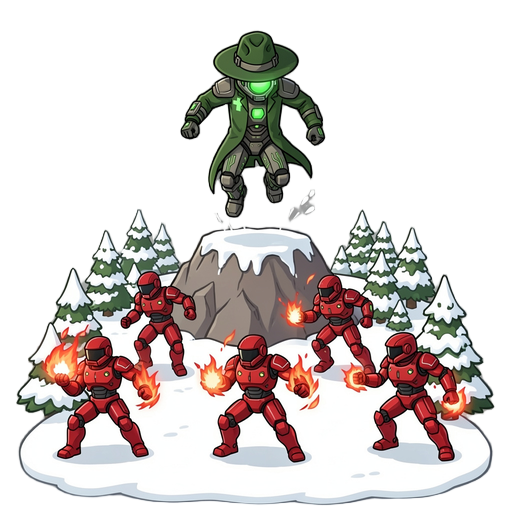 jumping off mountain and running across snowy field then fights off the red energy cyber soldiers