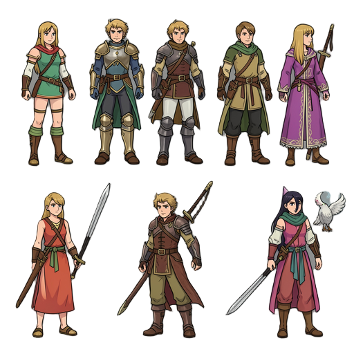 can you make me a character sheet for my game with idle and walking up down left and right animations. in the style of the original dragon warrior and orginal final fantasy. i’d like 1 hero 1 knight 1 mage 1 ranger and 1 summoner
