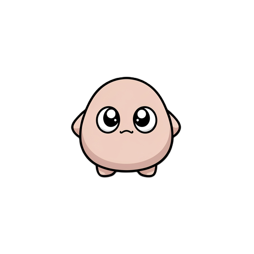 a small, cute, and mysterious creature suitable for mobile games.  style: simple 2d game character, minimal details  appearance: - small, round body - resembles ditto from pokémon - large eyes with a curious expression  personality vibe: - appears innocen
