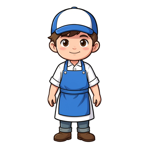 personagem criança açogueiro de roupa branca e boné avental azul