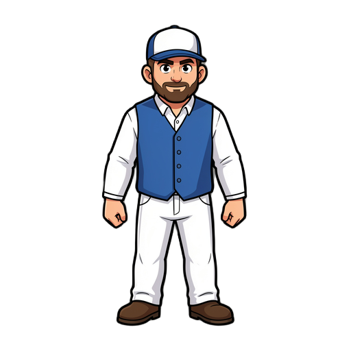 personagem para jogo plataforma 2d açogueiro de roupa branca colete azul e boné 