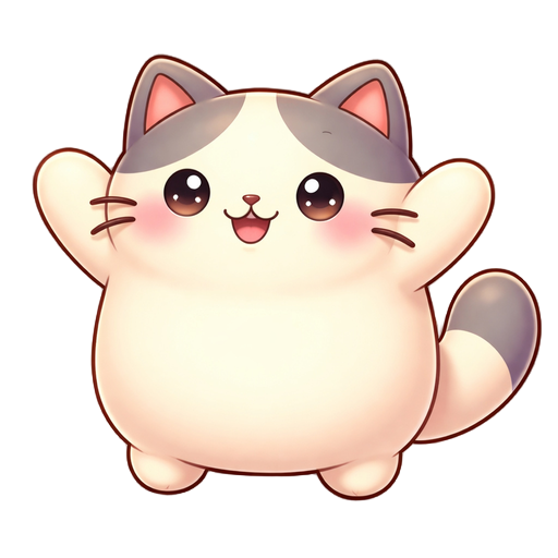 cute chubby kawaii cat, round body, cream fur, gray ears tail, arms raised, smiling face, blush cheeks, big shiny eyes, soft 3d shading, pastel colors, colorful background, cartoon style, bright cheerful, centered character