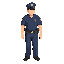  a uniformed police officer wearing a dark blue 1980s police uniform, short-sleeve shirt, badge on chest, utility belt, black shoes,