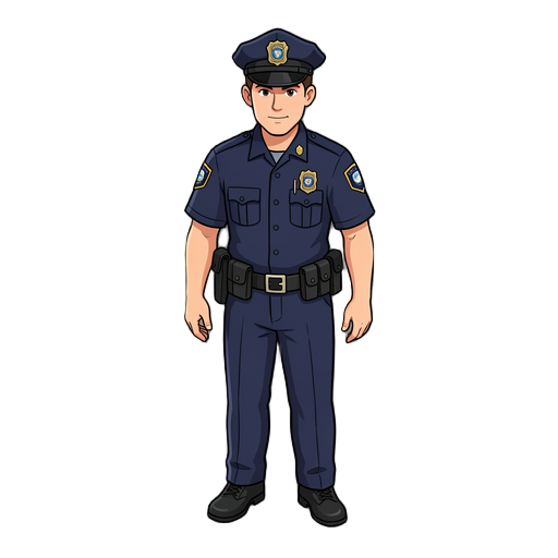 a uniformed police officer wearing a dark blue 1980s police uniform, short-sleeve shirt, badge on chest, utility belt, black shoes,