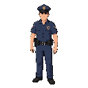  a uniformed police officer wearing a dark blue 1980s police uniform, short-sleeve shirt, badge on chest, utility belt, black shoes,