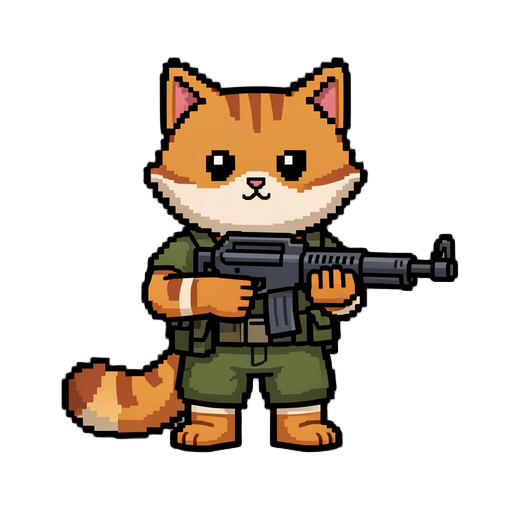 8-bit graphic style cat gunman.