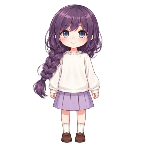 a soft, gentle anime girl with a calm and intelligent aura, inspired by kaoruko waguri. she has long, wavy dark purple hair styled into a loose side braid, with soft bangs framing her face. her eyes are large, round, and slightly droopy, with a deep blue-