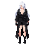 a stunning gorgeous mature adult women with long white hair and blue eyes, seductive, blue eyes, white long hair, hair covering left eye, black long sleeve kimono, fingerless gauntlets, long black slit skirt, black shorts, no net, black combat boots, blac