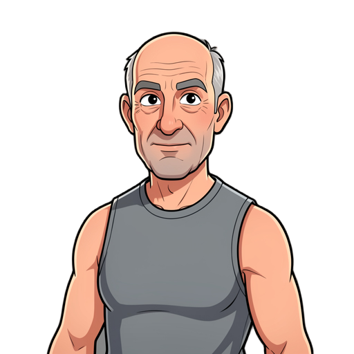 a middle-aged, slightly balding man wearing a sleeveless t-shirt