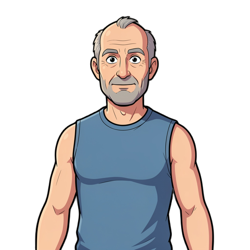 a middle-aged, slightly balding man wearing a sleeveless t-shirt for 2d game