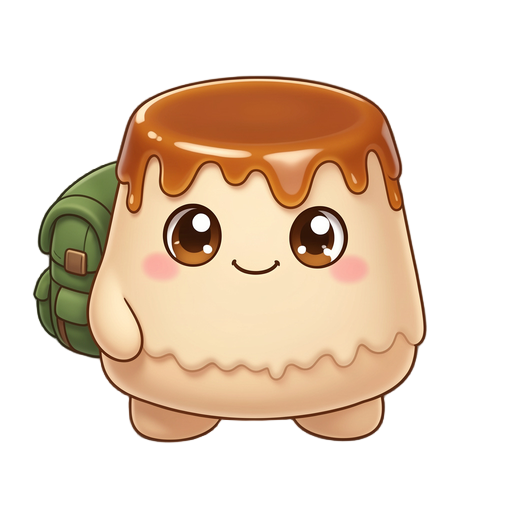 a cute stylized 3d character of a pudding creature (flan) adventurer. creamy beige pudding body with glossy caramel syrup dripping from the top.  big shiny brown eyes with reflections.  wearing a green backpack with visible straps. small smiling mouth and
