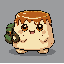 a cute stylized 3d character of a pudding creature (flan) adventurer. creamy beige pudding body with glossy caramel syrup dripping from the top. big shiny brown eyes with reflections. wearing a green backpack with visible straps. small smiling mouth and s