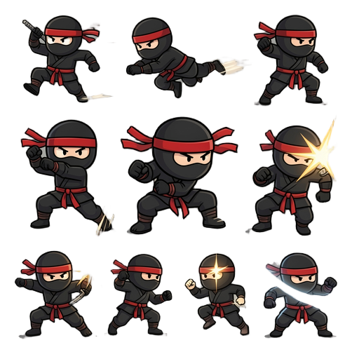 um ninja com animações de pulo, dash, idle, corrida, soco, ataque de estrela ninja e etc