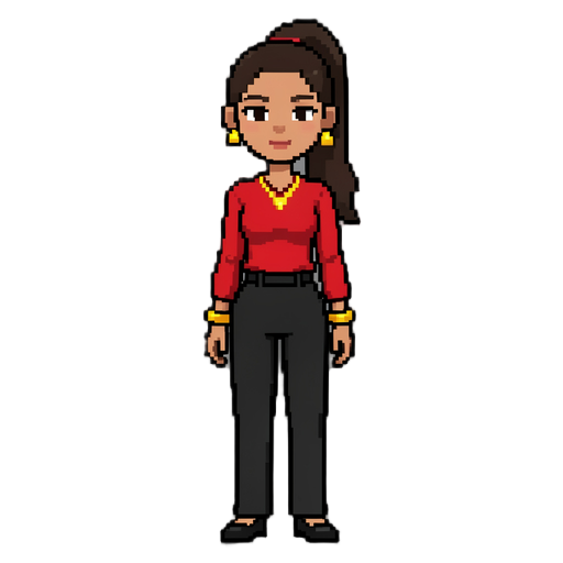  main character pixalated design of a girl wearing red shirt tucked in black formal pants with her hair tied up in long ponytail hairstyle,golden earrings and necklace and bangles.