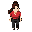 main character pixalated design of a girl wearing red shirt tucked in black formal pants with her hair tied up in long ponytail hairstyle,golden earrings and necklace and bangles.