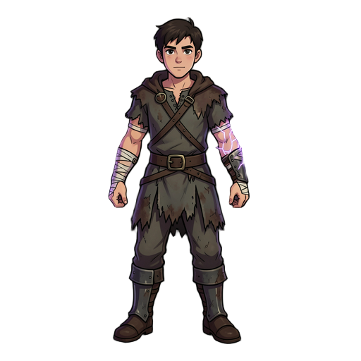 2d game character, dark fantasy style, young male warrior, just awakened after a magical catastrophe, medieval torn clothing, worn-out tunic and pants, slightly armored boots, bandages on arms, glowing cracks of magical energy on one arm (dragon power), s