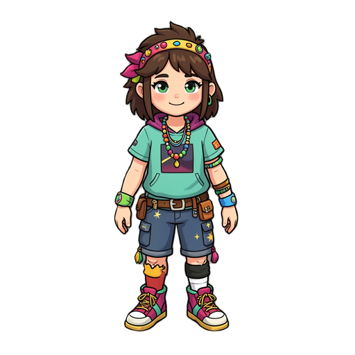 prompt: create a habbo hotel character with a unique style and personality. describe their clothes, hairstyle, and accessories. what are their favorite colors, and what does their style look like? are they laid-back, trendy, or a bit wild? also, describe 