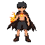 boy has dark ash color hair, with glowing ember core in chest, cracked body emitting orange and yellow light, one arm dissolving into flame, dynamic asymmetrical silhouette, short tattered cape with burnt edges, ember par
