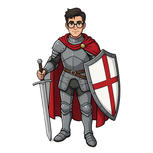 create me a knight with no helmet, has glasses, is handsome, wields a longsword, has armor, has red cape, wields a crusader shield white shield and red cross