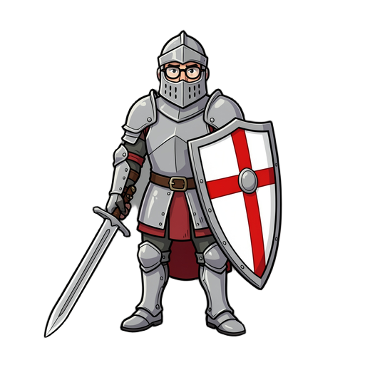 knight with armor, white crusader shield and red cross, he wears glasses ang wields a longsword