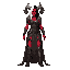 generate a high-detail digital painting of a female demon sorceress. she has crimson red skin, and her hair is sharply divided, with one side pure white and the other deep black. she has large, textured, dark-gray horns curling from her head. she is weari