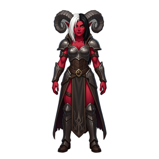 generate a high-detail digital painting of a female demon sorceress. she has crimson red skin, and her hair is sharply divided, with one side pure white and the other deep black. she has large, textured, dark-gray horns curling from her head. she is weari