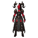 generate a high-detail digital painting of a female demon sorceress. she has crimson red skin, and her hair is sharply divided, with one side pure white and the other deep black. she has large, textured, dark-gray horns curling from her head. she is weari