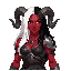 generate a high-detail digital painting of a female demon sorceress. she has crimson red skin, and her hair is sharply divided, with one side pure white and the other deep black. she has large, textured, dark-gray horns curling from her head. she is weari