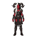 generate a high-detail digital painting of a female demon sorceress. she has crimson red skin, and her hair is sharply divided, with one side pure white and the other deep black. she has large, textured, dark-gray horns curling from her head. she is weari
