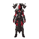 generate a high-detail digital painting of a female demon sorceress. she has crimson red skin, and her hair is sharply divided, with one side pure white and the other deep black. she has large, textured, dark-gray horns curling from her head. she is weari