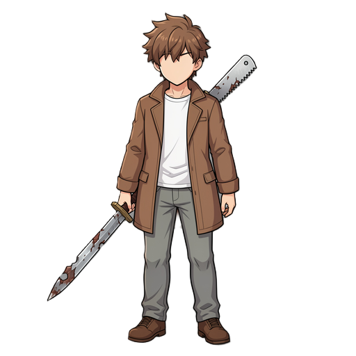 é um personagem estilo jrpg: ele tem cabelo bagunçado e castanho e um casaco e por baixo tem uma camiseta branca e uma calça qualquer, e também infelizmente não é revelado os rosto dele e também ele tem uma espada danificada e uma metade de uma tesoura de