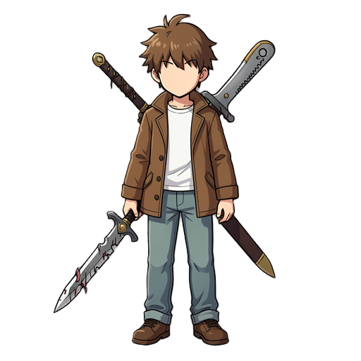 um personagem estilo jrpg em  ele tem cabelo bagunçado e castanho e um casaco e por baixo tem uma camiseta branca e uma calça qualquer, e também infelizmente não é revelado os rosto dele e também ele tem uma espada danificada e uma metade de uma tesoura d