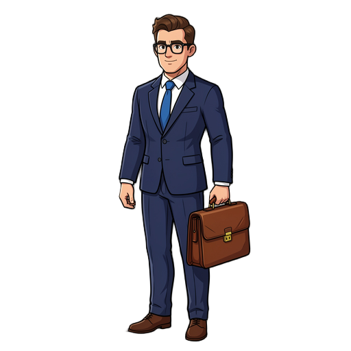 full body 2d game sprite of a tall and well-proportioned male lawyer character. he is standing in a professional three-quarter pose. he wears glasses and a sharp, tailored navy blue suit with a white shirt and a blue tie. in one hand, he is holding a dist