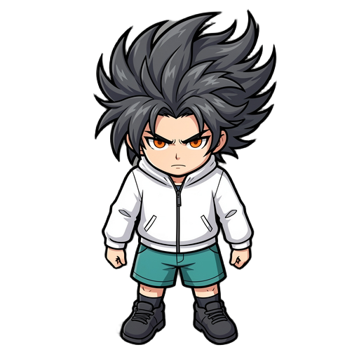 anime boy, wild spiky dark gray hair flowing upward, round face, light skin, sharp eyebrows, intense orange eyes, serious expression, wearing a white long-sleeve jacket, teal shorts, dark socks and chunky dark shoes, cel-shaded art style, clean black outl