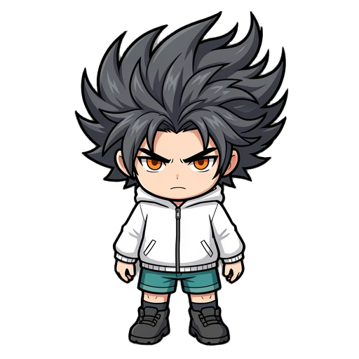 chibi anime boy, wild spiky dark gray hair flowing upward, round face, light skin, sharp eyebrows, intense orange eyes, serious expression, wearing a white long-sleeve jacket, teal shorts, dark socks and chunky dark shoes, cel-shaded art style, clean blac