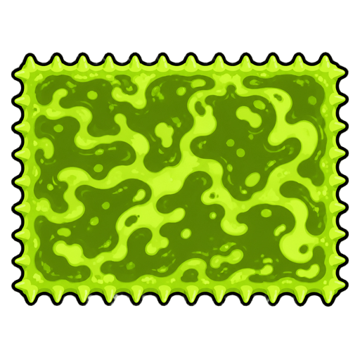 flat 2d game asset: a rectangular slime/toxic goo tile with a wavy, scalloped ric-rac border made of many small rounded spikes evenly spaced around all four edges, outlined with a bold black stroke. interior filled with a mottled, marbled organic texture 