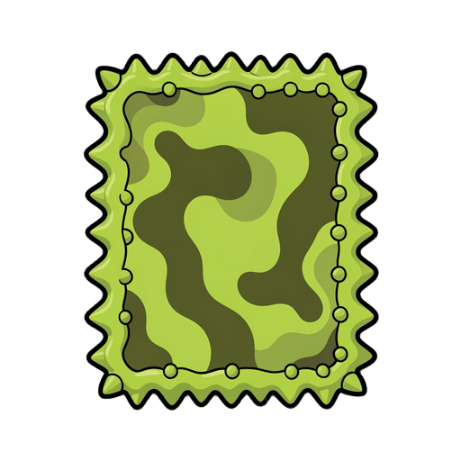 flat 2d game asset: a rectangular slime/toxic goo tile with a wavy, scalloped ric-rac border made of many small rounded spikes evenly spaced around all four edges, outlined with a bold black stroke. interior filled with a mottled, marbled organic texture 