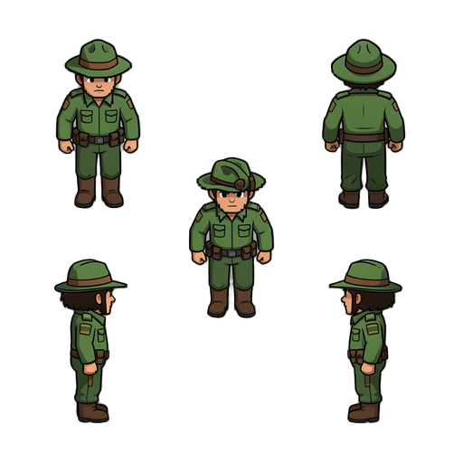 the character standing in 4 different directions evenly spaced in a grid: facing front, facing back, facing left profile, and facing right profile.