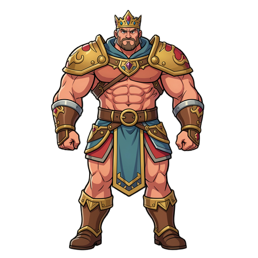 erstelle einen mächtigen, königlichen krieger, inspiriert von rhoam bosphoramus hyrule, jedoch deutlich muskulöser, körperlich dominanter und kampferprobter. der charakter besitzt eine große, breit gebaute statur mit ausgeprägter muskeldefinition, besonde