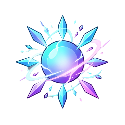 "a 2d video game sprite of a pulsating kinetic energy core. a central glowing orb surrounded by orbiting geometric shards and abstract light tendrils. minimalist digital art style, smooth gradients, glowing effects. colors: electric blue, cyan, and violet