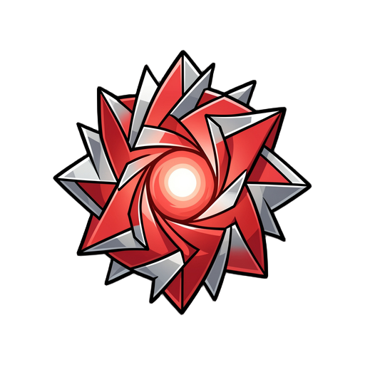 "a 2d game sprite representing kinetic force. an abstract geometric shape made of interlocking, rotating, sharp-edged metallic shards. red and silver color scheme with a pulsing core. vector art style, clean lines, high contrast. isolated on plain white b