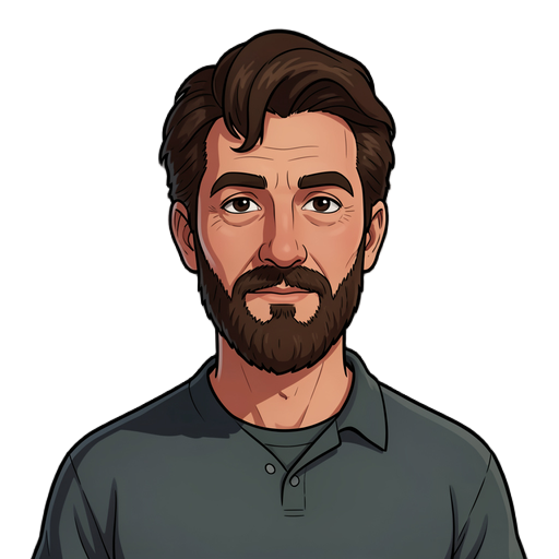 a 1980s dad in his 40s. dark brown swept hair and beard. wearing inside clothes. dark and realistic.